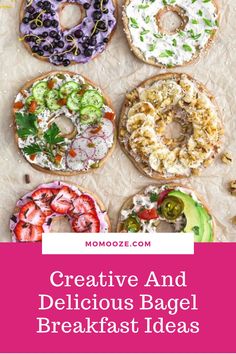 an assortment of different donuts with the words creative and delicious bagel breakfast ideas