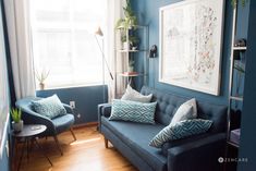 a living room with blue walls and wood flooring, two couches in front of a window