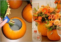 pumpkins and flowers are being made into vases