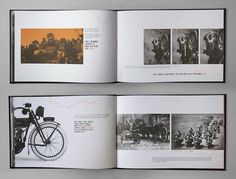 an open book with pictures of motorcycles and people on it's pages, in front of a gray background