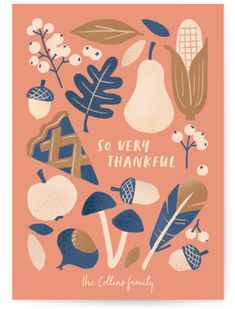 a card that says, so very thanksgiving with leaves and pears on an orange background