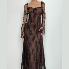 Please refer to our sizing chart for a guideline when choosing a size. 5 business days order processing time. 90% polyester 10% spandex. Vintage Long Sleeve Maxi Dress With Lace Trim, Black Lace Maxi Dress Long Sleeve, Black Long Sleeve Maxi Dress With Lace Patchwork, Flowy V-neck Maxi Dress With Lace Patchwork, Black Floor-length Maxi Dress With Lace Trim, Bodysuits And Jeans, Sheer Mesh Dress, Long Halter Dress, Halter Swimwear