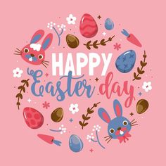 the words happy easter day are surrounded by colorful eggs and bunny's heads in a circle