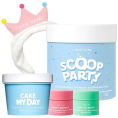 JOIN OUR SCOOP PARTY! Get your triple scoop of our yummy ice cream-inspired wash-off masks and Pink Tiara Headband in the cutest ice cream tub. Not only does this set make a great gift, it will also be a crowd-pleaser at any skincare party. Don't let the cute appearance and delicious scents fool you! Scoop Party serves both quality ingredients while keeping skincare fun. SET INCLUDES: Pink Tiara Headband Full-sized Cake My Day Travel-sized Berry Groovy Travel-sized Matcha Mood KEY INGREDIENTS: I Dew Care, Raspberry Extract, Party Face Masks, Ice Cream Tubs, Yummy Ice Cream, Raspberry Fruit, Spa Headband, Skincare Essentials, Best Skincare Products