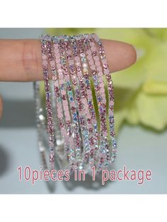 10pcs/Pack Classic Popular Multicolor Rhinestone Elastic Bracelets For Women, Men & Couples, Jewelry Hot Pink Fashionable   Glass Rhinestone     Women Fashion Jewelry, size features are:Bust: ,Length: ,Sleeve Length: