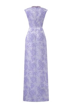 Adorn A-line Round Neck Jacquard Floor Length Dress | MEAN BLVD Formal A-line Lace Maxi Dress, Lace Floor-length Dresses For Banquets, Elegant Purple Maxi Dress For Formal Occasions, Elegant Lace Evening Dress For Banquet, Luxury A-line Dress For Banquet, Elegant Purple Midi Dress With Fitted Bodice, Lace A-line Dresses For Formal Occasions, Elegant A-line Lace Evening Dress, Luxury Lace Sleeveless Evening Dress