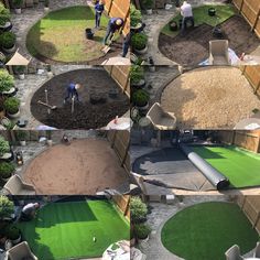 an aerial view of people working in a garden with artificial turf and wooden fence surrounding it