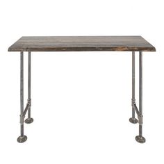 a wooden table with metal legs and wheels on the bottom, against a white background