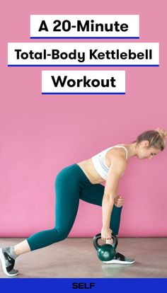 a woman doing kettlebell exercises with the words, 20 - minute total body kettlebell workout