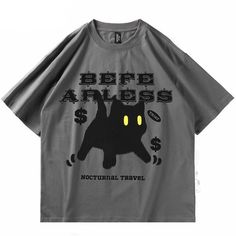 Dimensions: Black Cat Print T-shirt For Streetwear, Black Relaxed Fit T-shirt With Cat Print, Trendy Cat Design T-shirt For Streetwear, Funny Black Top With Cat Design, Funny Black Cat Design Top, Funny Black T-shirt With Cat Design, Trendy Streetwear T-shirt With Cat Design, Black Relaxed Fit Tops With Cat Design, Black Relaxed Fit Top With Cat Design