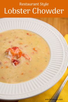 lobster chowder soup in a white bowl on a yellow napkin