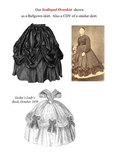 "Overskirts can be worn with many styles of gowns from fancier day dresses to ball gowns. The overskirt can also be used to extend the life and look of a current outfit or to hide a tear or stain in an otherwise perfect garment. This pattern is designed to complement any of our skirt patterns, but works extremely well with Timeless Stitches TSS- 203 Gored Skirt pattern: https://www.etsy.com/listing/582413077/gored-skirt-19th-century-basic-skirt?ref=shop_home_active_3 . Like the gored skirt, this 1860 Dress Pattern, Over Skirt Pattern, Victorian Skirt Pattern, Gored Skirt Pattern, Stitches Sewing, Victorian Skirt, 1860 Fashion, Find Style, Skirt Patterns