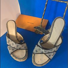 Authentic Louis Vuitton Open Toe Mule Ibiza Sandal Wedge Heels. Heel Height: 3.5" Namelouis Vuittonitem Namewedge Sole Espadrilles Sandalscolorbluematerialmonogram Minisizesize # 35 / Heel: About 10.5 Cm / Storm: About 2 Cmdate Codeca0123 Louis Vuitton Shoes, Womens Shoes Wedges, Espadrilles Wedges, Blue Cream, Authentic Louis Vuitton, Wedge Heels, Mule, Ibiza, Wedge Sandals