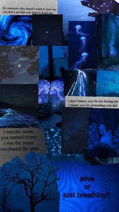 a collage of blue images with words written on them and trees in the background