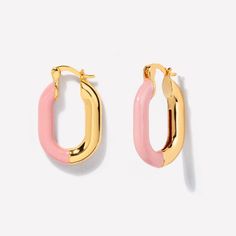 Oval Pink Enamel Hoops in 14K Gold Plated Brass Pink Enamel, Stone Design, Gold Filled Jewelry, Jewelry Plate, Pure Silver, Cute Jewelry, Sterling Silver Jewelry, Solid Gold, Silver Earrings