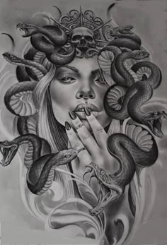 a drawing of a woman with snakes on her face and hands in front of her face