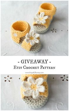 crocheted baby booties with white and yellow flowers