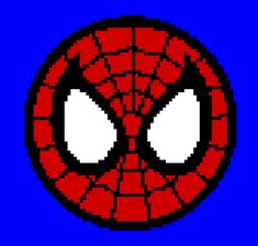 an image of a spiderman face in pixel art style on blue background with white eyes