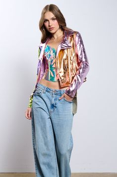 METALLIC PASTEL MOTO JACKET – AKIRA Edgy Fitted Multicolor Outerwear, Edgy Biker Jacket For Spring Party, Edgy Spring Party Biker Jacket, Spring Party Edgy Biker Jacket, Edgy Multicolor Outerwear For Fall, Trendy Biker Jacket With Zipper Closure For Party, Pink Winter Biker Jacket For Party, Pink Winter Party Biker Jacket, Edgy Multicolor Spring Outerwear