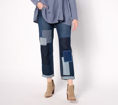 To cuff or not to cuff? That is not the question (cuz either way looks super cute!). The question is: How did you ever get along without these fab-fitting patchwork jeans in your denim-downtime rotation?? From LOGO by Lori Goldstein®. Patchwork Jeans Diy, Upcycled Couture, Upcycle Shirt, Lori Goldstein, Patchwork Jeans, Jeans Diy, Boyfriend Jeans, Straight Leg, Super Cute