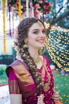 Discover the beauty of Indian wedding hairstyles with this stunning braided updo adorned with intricate jasmine flowers. Perfect for blending tradition with modern flair, this hairstyle frames the face beautifully and complements any bridal jewelry. Let your hair tell the story of elegance and romance on your special day. Elevate your bridal look with this enchanting style that captures the essence of Indian heritage. #weddinghairstyles Side Braid Hairstyles Indian Wedding, Bridal Hairstyle Indian Wedding Braids, Wedding Function Hairstyles Indian, Braid For Indian Wedding, Wedding Braid Indian, Traditional Bride Hairstyle, Indian Hair Wedding, Braided Hairstyles For Bride Indian, Hairstyles With Jasmine Flowers Indian