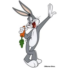 an animated rabbit holding a carrot in one hand and pointing to the side with its right arm