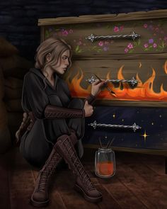 a woman sitting on the floor in front of a fire place and holding a knife