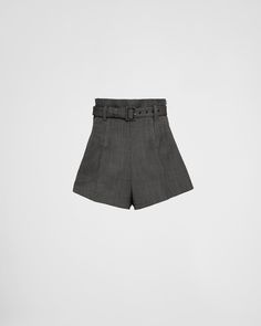 Smoky Gray Pinstripe wool shorts | PRADA Prada Pants, Grey Clothing, Wool Shorts, Nylon Pants, Denim T Shirt, Jogging Suit, Shorts Women, Fabric Belt, Linen Shorts