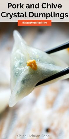 pork and chive crystal dumplings with chopsticks in the foreground text reads pork and chive crystal dumplings