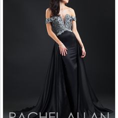 Rachel Allan Black Gown With Crystals So Beautiful In Person, It Is In Perfect Condition, No Missing Beads / Stones, Worn Once Size 4 Fitted Silver Evening Gown, Silver Satin Floor-length Dress, Silver Satin Floor-length Evening Dress, Silver Satin Evening Dress, Silver Evening Dress With Fitted Bodice, Silver Evening Dress With Sweep Train For Gala, Silver Fitted Bodice Evening Dress, Fitted Silver Satin Gown, Elegant Silver Dress With Sweep Train