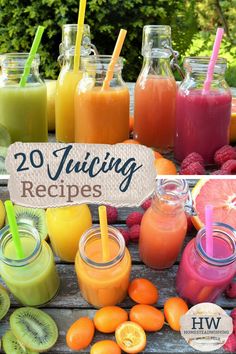 various juices and smoothies are displayed in mason jars with the words 20 juicing recipes