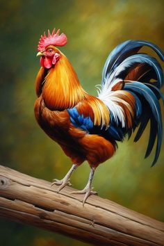 a painting of a rooster standing on a branch