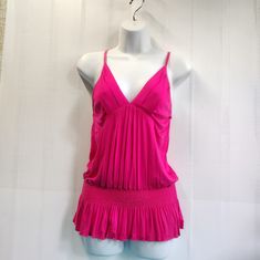 Women's Sexy Fuchsia Sleeveless Spaghetti Strap Cami Top Smocked Waist Size L Relaxed Fit - New Without Tag Pink Stretch Flirty Tank Top, Flirty Pink Stretch Tank Top, Summer Top With Smocked Bodice For Night Out, Smocked Bodice Top For Summer Night Out, Summer Tops With Smocked Bodice For Night Out, Strapless Pink Tank Top For Night Out, Pink Stretch V-neck Camisole, Sleeveless Smocked Bodice Top For Party, Sleeveless Party Tops With Smocked Bodice