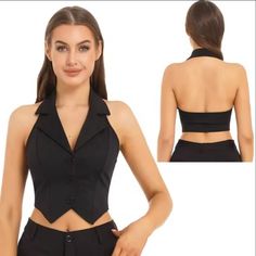 Crop Top Halter Backless Button-Down Notch Lapel Design Pointed Hem Vest New With Tags Size: Medium Color Black Material: 90% Polyester, 10% Spandex Lining: Polyester Collar: Halter Slim Fit Features Women’s Fashion Solid Color Crop Top Halter, Backless Button Down, Pointed Hem Vest. Made Of Skin-Friendly Soft Fabric. No Pilling, Fade Resistant & Comfortable To Wear. Halter With Notch Lapel Design, Backless, Button Down And Pointed Hem. Works Well With Shorts, Jeans, Skirts, Shirts And Jackets S Fitted Top With Button Closure For Party, Fitted Button-up Crop Top For Work, Fitted Black Crop Top For Formal Occasions, Formal Fitted Black Crop Top, Black Fitted Crop Top For Formal Occasions, Fitted Button-up Chic Crop Top, Fitted Button-up Crop Top With Button Closure, Trendy Fitted Buttoned Crop Top, Elegant Fitted Crop Top With Buttons