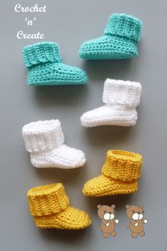 crochet baby booties and slippers are shown in three different colors, one is white, the other is yellow