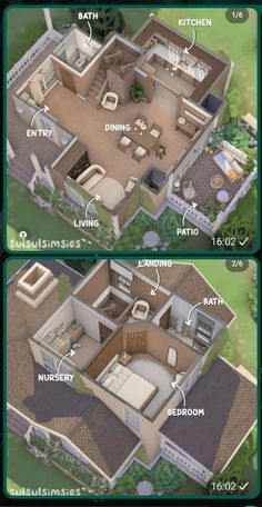 two views of the same house from above and below, each with different rooms in it