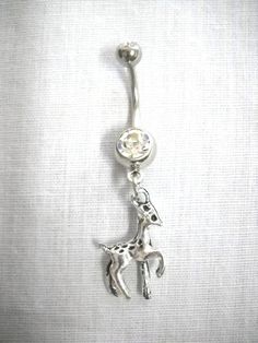 14 guage surgical stainless steel curved navel ring belly barbell with a cast alloy silver 3D STANDING SPOTTED WHITETAIL DEER / FAWN / FEMALE DOE / BACKWOODS BAMBI CHARM DANGLING ON A DOUBLE DAZZLING CLEAR CZ STONE BANANA BAR approx 2 inches long from the top screw ball & the charm is 1/2 of an inch across the charm (Charm alone is 7/8 of an inch long alone) AWESOME OUTDOOR WOODS TRECKER BODY PIERCING JEWELRY - EXCELLENT QUALITY - NATURE GIRL NAVEL RING JEWELRY Spotted Deer, Deer Doe, Deer Fawn, White Tail, Navel Rings, Belly Ring, Body Piercing Jewelry, Nature Girl, Belly Rings