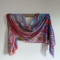 Titled: The Big Soul - in memory all those special loved ones in your life who have travelled up and onto The Big Soul  This scarf is rich and multicoloured with hues of red, orange, blues and purple and is custom printed from my original painting The Big Soul. FABRIC and STYLING:  85% Modal 15% Silk - A luxurious blend of natural fabrics which is light enough to wear as a summer shawl and cozy enough to wrap around your neck in the winter. My scarves are the perfect weight and length to wear in Summer Gifts For Women, Scarf Packaging, Scarf Designs, Summer Shawl, Soul Design, Fabric Scarf, Square Silk Scarf, Unique Gifts For Women, Summer Gifts