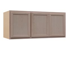 a white wall mounted cabinet with two doors and three cupboards on one side,