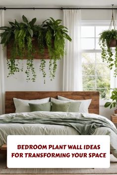 Bedroom with a wooden headboard, lush hanging plants, and large windows.