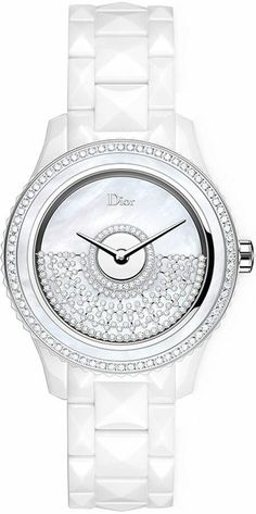 CD124BE4C001 New Christian Dior VIII Grand Bal Resille Women's Luxury Watch - With Manufacturer Serial Numbers - Mother of Pearl White Dial Set with Diamonds - White Gold Oscillating Weight on Dial Set with Diamonds - Bezel Set with Mother of Pearl Ring and Diamonds - Self-winding Automatic Movement - Christian Dior Caliber Dior Inverse 11 1/2 - 3 Year Warranty - Guaranteed Authentic - Certificate of Authenticity - Manufacturer Box & Manual - White High-Tech Ceramic with Stainless Steel Case - White High-Tech Ceramic Bracelet - Scratch Resistant Anti-Reflective Sapphire Crystal - 50 Meters / 165 Feet Water-Resistant - 38mm = 1 1/2" Case, 6" Adjustable Bracelet - Fixed Bezel - Sapphire Crystal Exhibition Case Back - Push & Pull Crown ; Dior Watches, White Watches Women, White Watches, Dior Watch, Pretty Watches, Army Watches, Trendy Watches, Watch Ideas, Watches Women