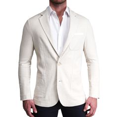 Our unstructured linen blazer is crafted from a soft linen performance fabric blend that is stretchy and lightweight while still providing a casual yet elevated look. Unlined and unconstructed, this linen blazer is cut with our signature athletic fit and is guaranteed to be a versatile staple for years to come. Fabric: 30% Linen / 67% Viscose / 3% Spandex Care: Hand wash only. Blazer design details: Two-button single-breasted Medium notch lapels Patch pockets Unlined and unstructured constructio Blazer Design, Dinner Jacket, Stretch Dress Pants, Performance Dresses, Blazer Designs, Dress Shirt Sleeves, Linen Blazer, Suit Shop, Stretch Dress