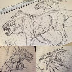 two drawings of dinosaurs on lined paper next to each other with pen and pencil shading