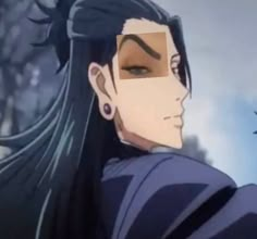 an anime character with long black hair and blue eyes looking to the side, in front of a cloudy sky