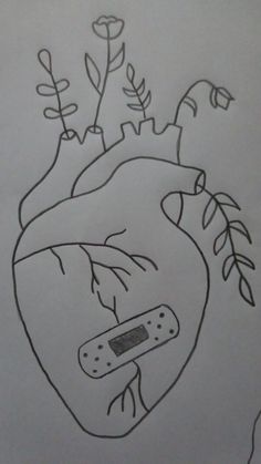 a drawing of a human heart with plants growing out of it