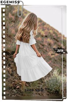 Women's Fashion Plain Dress Casual White Dresses Solid Color Beach Dress For Fall, White Non-stretch Maxi Dress For Brunch, White Non-stretch Short Sleeve Midi Dress, White Non-stretch Midi Dress With Short Sleeves, Solid Color Dresses For Spring And Summer, Solid Color Knee-length Sundress For Spring, Solid Color Midi Sundress For Spring, Spring Summer Solid Color Midi Dress, Knee-length Solid Color Sundress For Spring