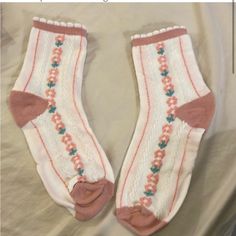 Brand New, Never Worn Vintage Style White Trim Has Floral Design And Texture White Color With Pink Flowers Vintage Ootd, Pink Socks, White Trim, Vintage Floral, Hosiery, White Color, Pink Flowers, Pink White, Pink Ladies