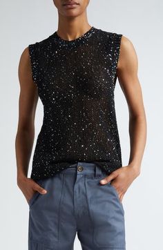 Scattered sequins bring understated shimmer to the breezy mesh knit of this sleeveless cotton-blend sweater branded with signature star hardware. Crewneck Sleeveless 75% polyamide, 25% cotton Dry clean Made in Italy Designer Clothing Flannel Tops, Golden Goose Deluxe Brand, Sequin Tank Tops, Sweater Brands, Sleeveless Tshirt, Sleeveless Sweater, Free Fabric, Knitted Tank Top, Golden Goose