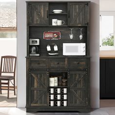 PRICES MAY VARY. Retro Farmhouse Style: This coffee bar cabinet with storage consists of a white cabinet, wood tabletop and black metal hinges barn doors that play a decorative role and show off the original farmhouse style very well. Sliding barn doors are the soul of the farmhouse style. Bring a farmhouse style corner to your home Ample Storage Space: This tall hutch cabinet with storage is a combination of top coffee bars and bottom buffet cabinet. 42'' tabletop holds kitchen appliances such as coffee maker, microwave, etc. 3 drawers store knives, cutlery, tablecloths, etc, suitable for partitioned storage. 4 storage cabinets with adjustable shelves for different sizes of daily storage needs The Choice of Wine Lovers: This kitchen buffet storage cabinet with hutch also features 3 drawer Wine Refrigerator Cabinet, Wine Rack Kitchen, Dining Room Buffet Cabinet, Cabinet For Dining Room, Farmhouse Kitchen Pantry, Dining Room Rustic, Original Farmhouse, Barn Door Cabinet, Coffee Bar Cabinet