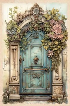 an ornate blue door with flowers on it